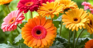 Planta de gerbera en flor con pétalos coloridos en un jardín iluminado