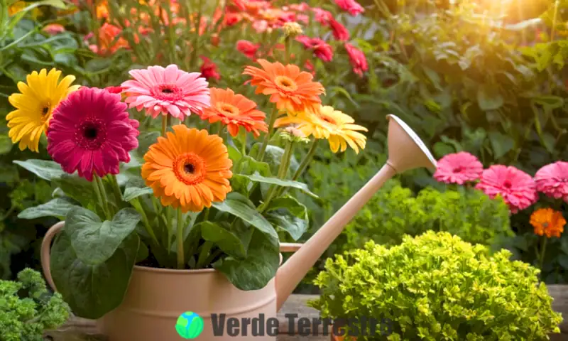 Planta de gerbera en un jardín colorido, con flores brillantes y una casa acogedora de fondo