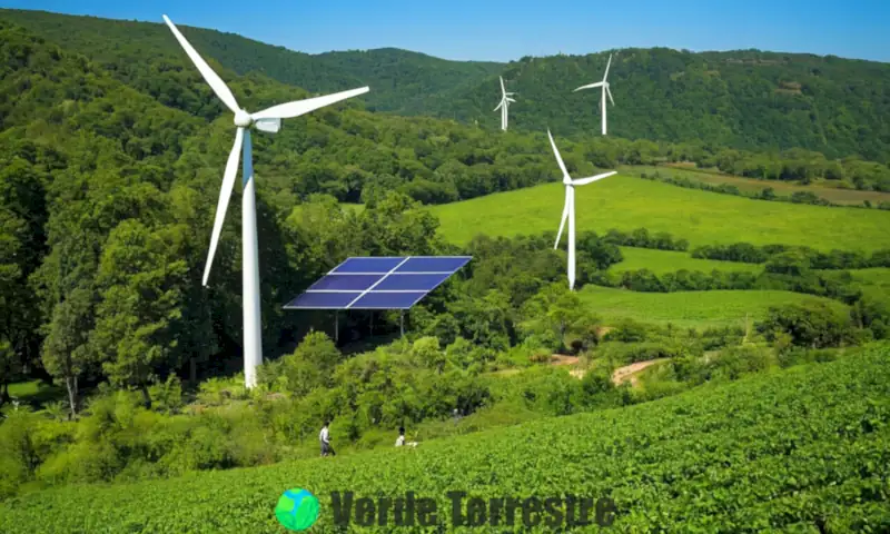 Grupo diverso trabajando en la conservación del medio ambiente en un paisaje sostenible con paneles solares, un aerogenerador y árboles plantados