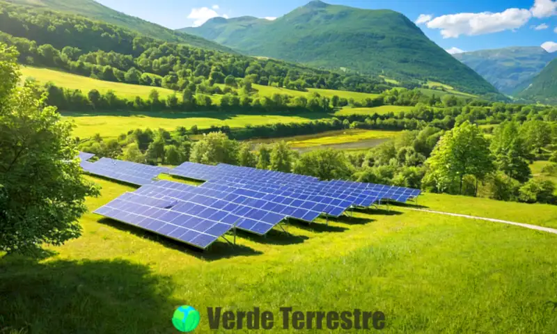 Ilustración de un paisaje verde con paneles solares, turbinas eólicas y una río limpio, donde personas practican la sostenibilidad plantando árboles y reciclando
