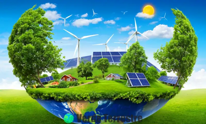 Representación visual de sistemas de gestión ambiental con iconos de sostenibilidad en un paisaje natural vibrante