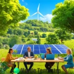 Grupo diverso de personas discutiendo estrategias de sostenibilidad en un paisaje verde