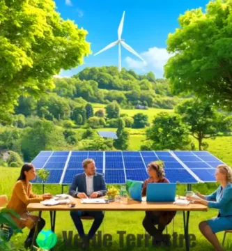 Grupo diverso de personas discutiendo estrategias de sostenibilidad en un paisaje verde