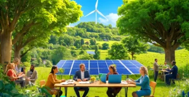 Grupo diverso de personas discutiendo estrategias de sostenibilidad en un paisaje verde
