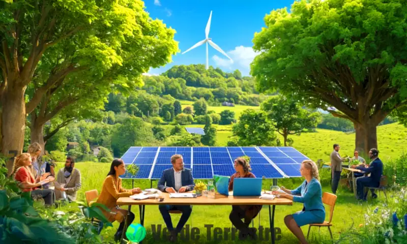 Grupo diverso de personas discutiendo estrategias de sostenibilidad en un paisaje verde