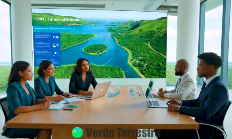 Profesionales diversos colaboran en un paisaje verde con ecosistemas y pantallas de sostenibilidad, bajo un cielo azul