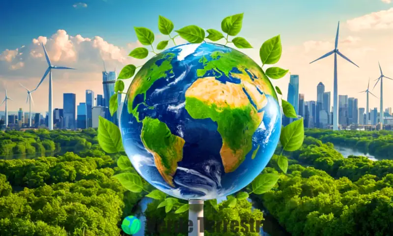 Ilustración digital de un globo rodeado de hojas verdes, con una ciudad moderna, turbinas eólicas y paneles solares, simbolizando la sostenibilidad y la gestión ambiental