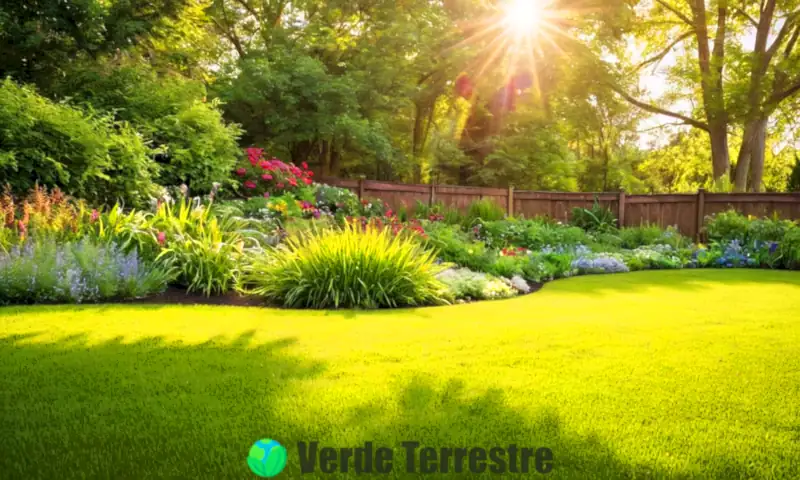 Jardín vibrante con ocho tipos de césped en distintas texturas y colores, flores en flor y una cerca de madera al fondo