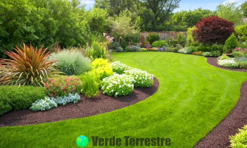 Jardín vibrante con ocho tipos de césped americano, cielo azul y flores, mostrando texturas y colores