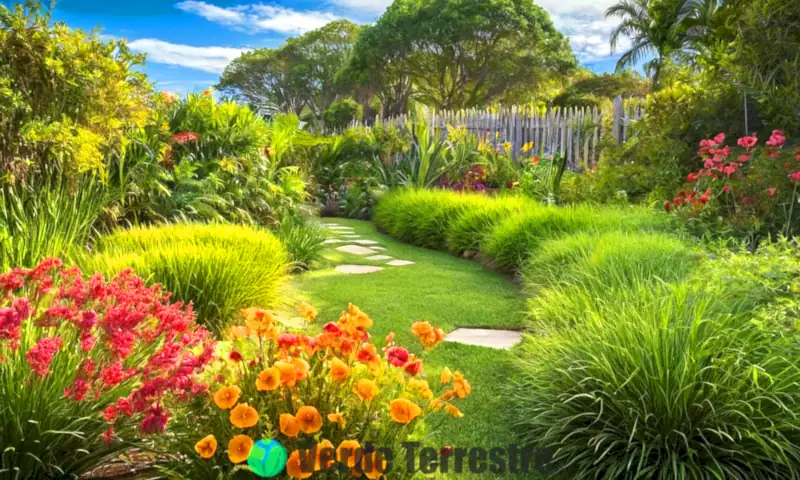 Escena de un jardín vibrante con ocho variedades de césped Bahía, flores coloridas y un cielo azul