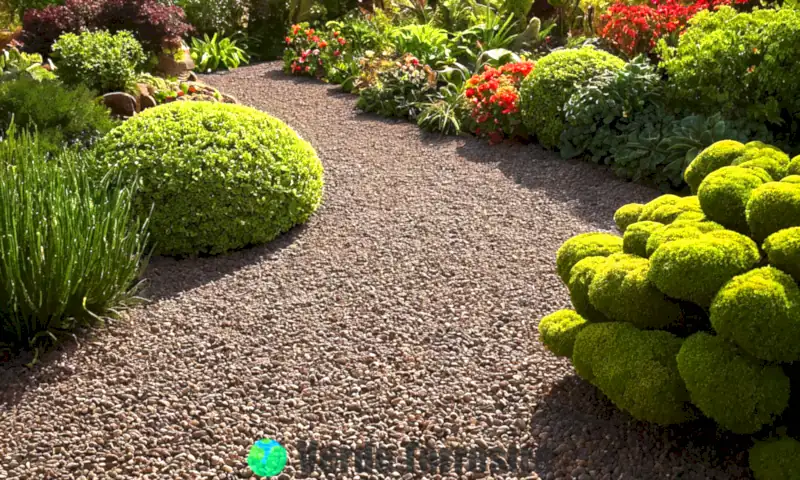 Jardín vibrante con plantas saludables creciendo en grava volcánica, iluminado por luz brillante