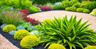Jardín soleado con plantas verdes sanas en un lecho de grava volcánica decorativa