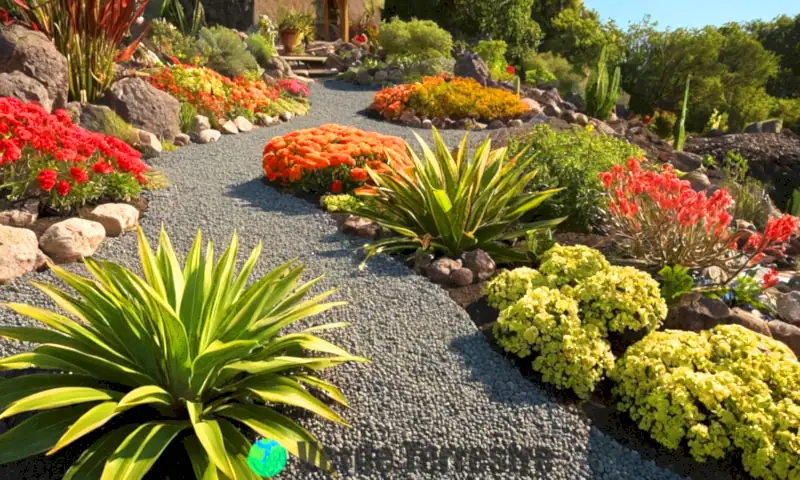 Jardín vibrante con plantas sanas en suelo de grava volcánica, flores coloridas y cielo azul