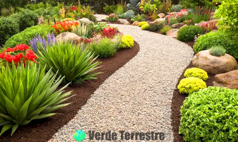 Jardín vibrante con plantas floreciendo en grava volcánica bajo un sol brillante, con un jardinero y colinas suaves de fondo