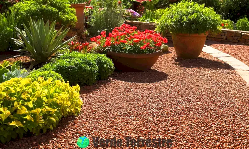 Grava volcánica con texturas y colores únicos, rodeada de plantas en macetas en un jardín soleado