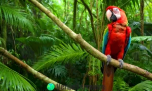 Guacamayo rojo posado en una rama de selva tropical