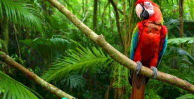 Guacamayo rojo posado en una rama de selva tropical