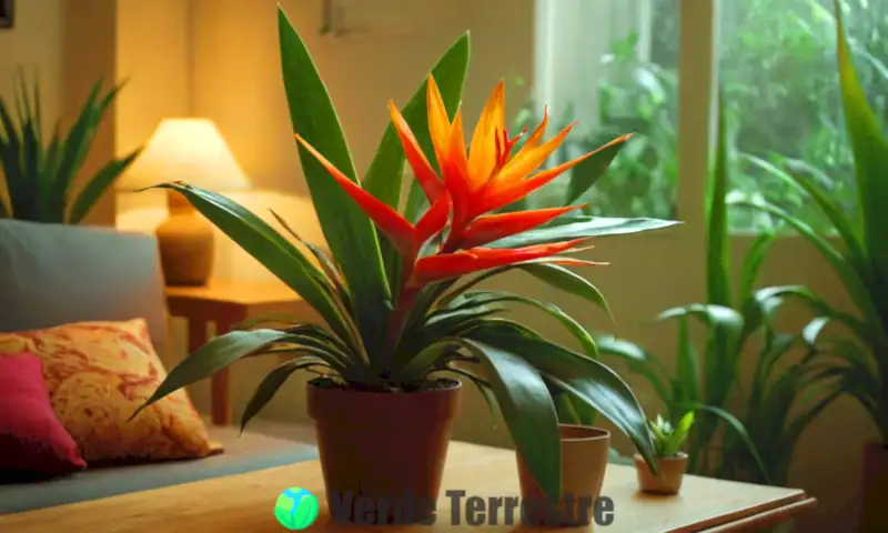 Planta de guzmania en flor en una habitación acogedora, rodeada de muebles de madera y otras plantas