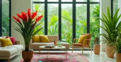 Sala luminosa con una guzmania en flor