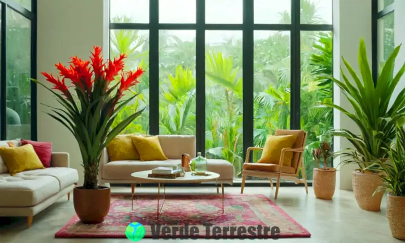 Sala luminosa con una guzmania en flor