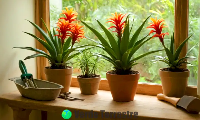 Planta Guzmania vibrante en un interior, rodeada de herramientas de jardinería y luz natural