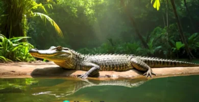 Cocodrilo majestuosamente relajado junto a un río tropical rodeado de vegetación y reflejos de luz