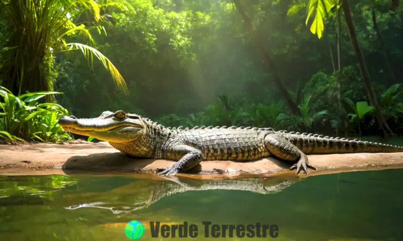 Cocodrilo majestuosamente relajado junto a un río tropical rodeado de vegetación y reflejos de luz
