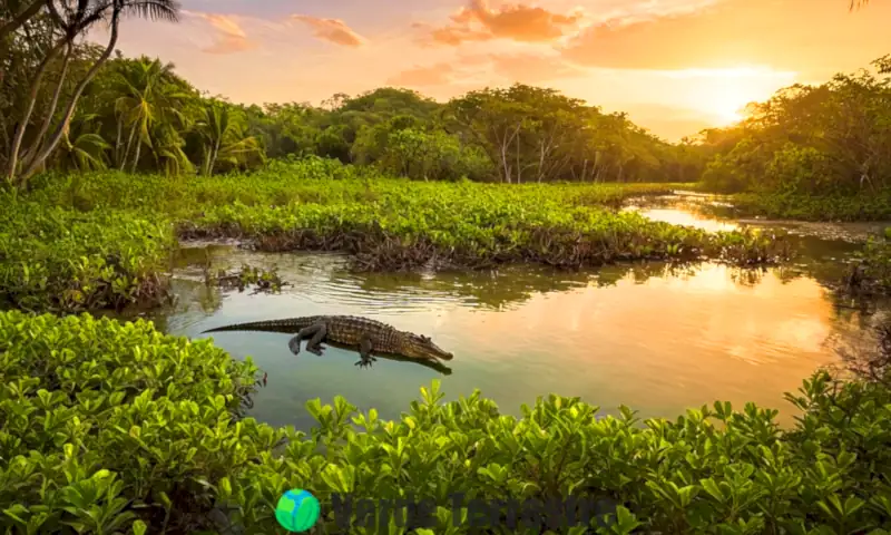 Ilustración realista de un humedal con cocodrilos descansando en el agua y la orilla, rodeados de manglares y un cielo de atardecer