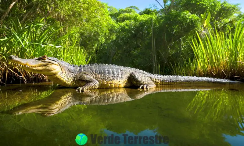 Cocodrilo descansando en una orilla soleada de un humedal rodeado de manglares y vegetación tropical