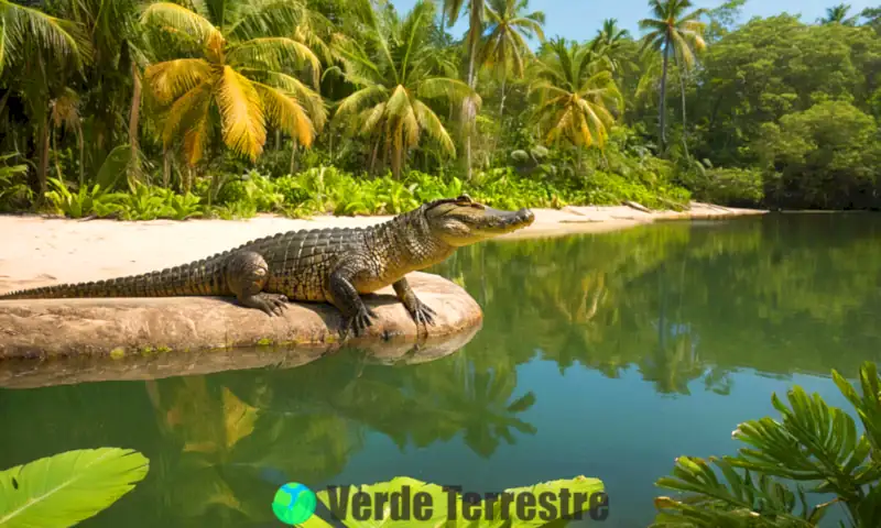 Cocinero descansando en una orilla soleada de un río, rodeado de vegetación tropical