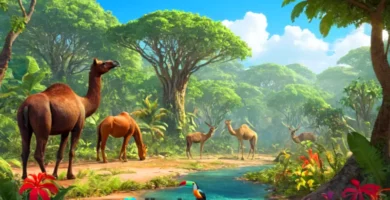 Ilustración de cuatro hábitats terrestres con sus animales característicos: selva tropical