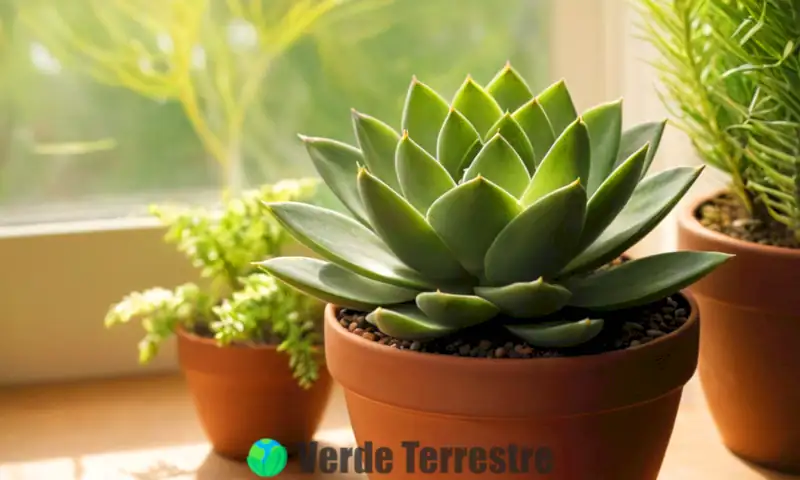 Suculenta Haworthia cooperi en una maceta decorativa, iluminada por la luz natural en un jardín interior acogedor