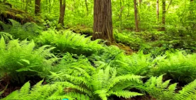 Ilustración botánica de 10 tipos de helechos en un bosque verde