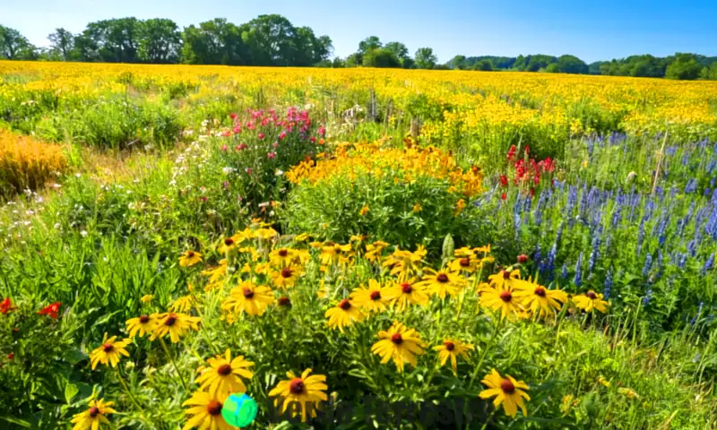 Campo amplio con diversas plantas herbáceas y flores silvestres coloridas bajo un cielo azul