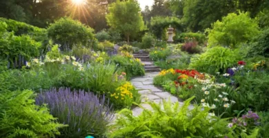 Jardín vibrante con diversas plantas herbáceas