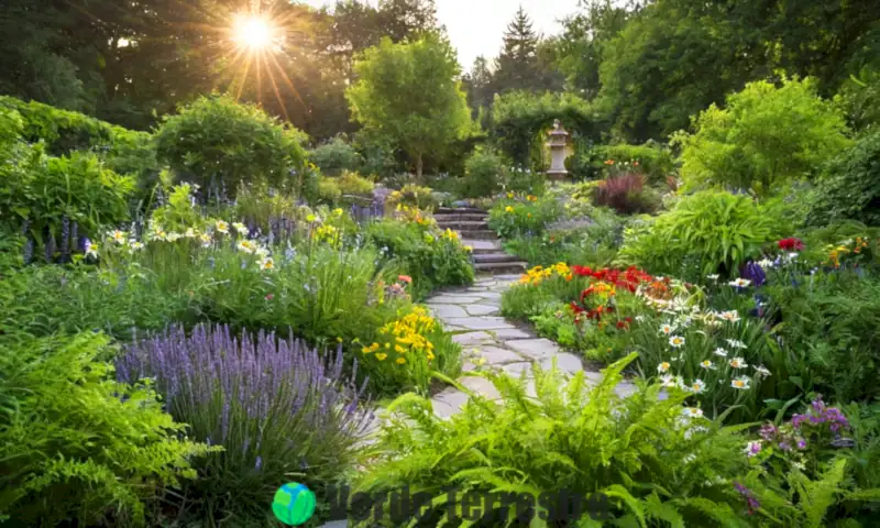 Jardín vibrante con diversas plantas herbáceas