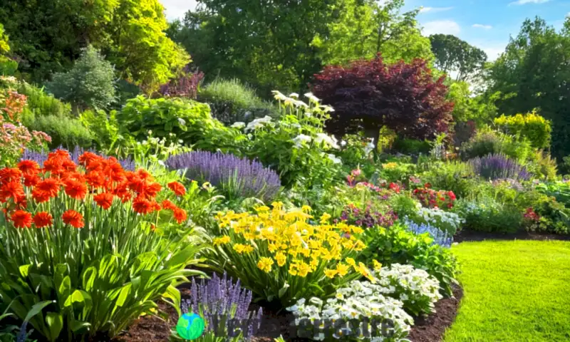 Jardín encantador con plantas herbáceas en flor, incluyendo margaritas, hostas y lavanda bajo un cielo azul