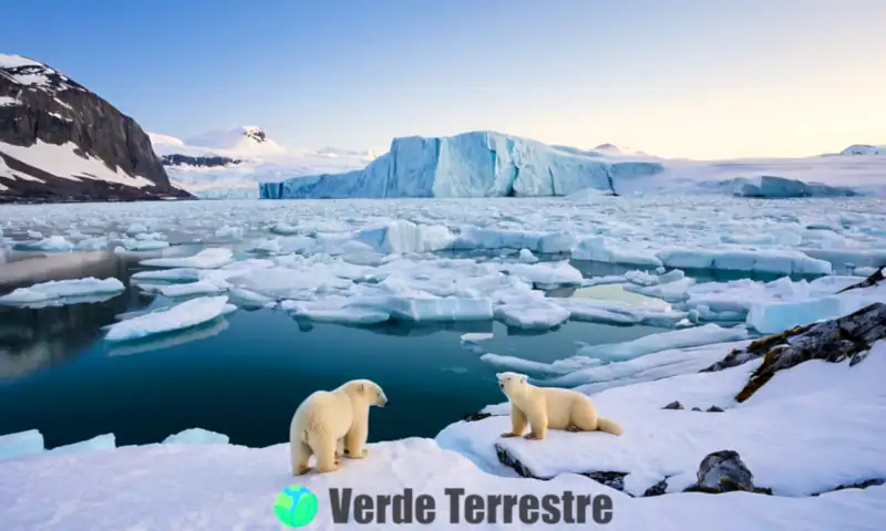 Paisaje ártico con osos polares, focas y aves marinas rodeados de glaciares y flora adaptada al frío