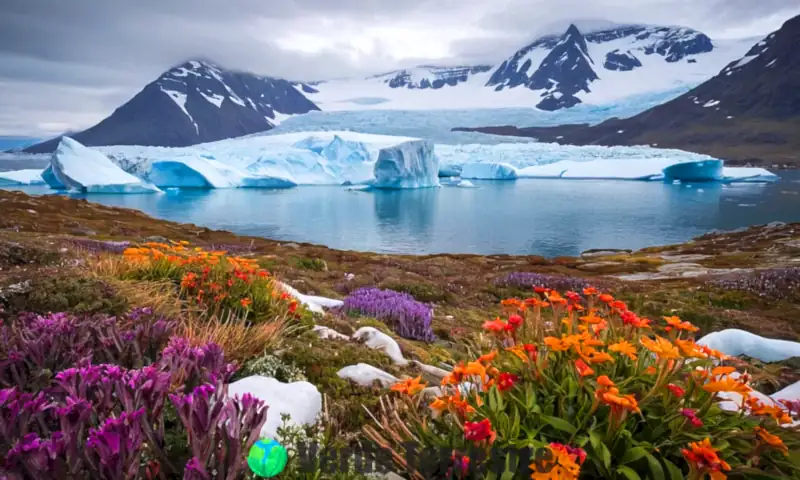 Ilustración realista de flora ártica y antártica, con flores coloridas, icebergs, montañas nevadas, osos polares y pingüinos