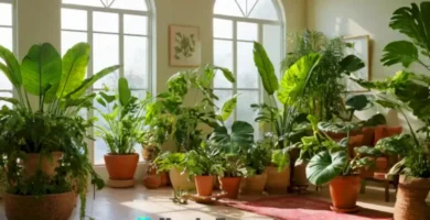 Jardín interior vibrante con plantas de hojas grandes y exóticas en un entorno luminoso