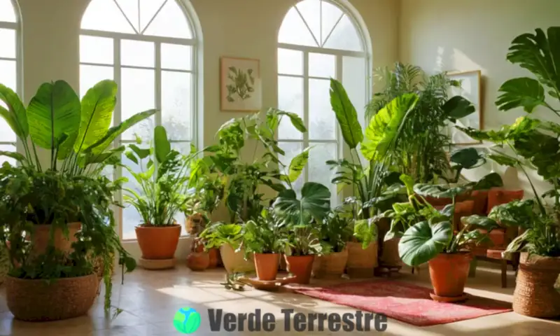 Jardín interior vibrante con plantas de hojas grandes y exóticas en un entorno luminoso