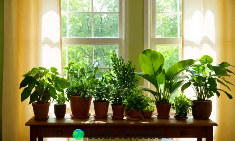 Composición interior con 18 plantas de hojas grandes y verdes sobre una mesa de madera, iluminadas por un gran ventanal