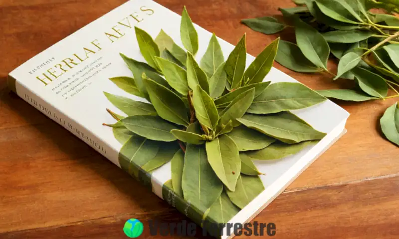 Portada de libro con hojas de laurel frescas sobre una mesa de madera, rodeadas de hierbas y especias, en tonos verdes y marrones, con texto elegante sobre sus beneficios culinarios