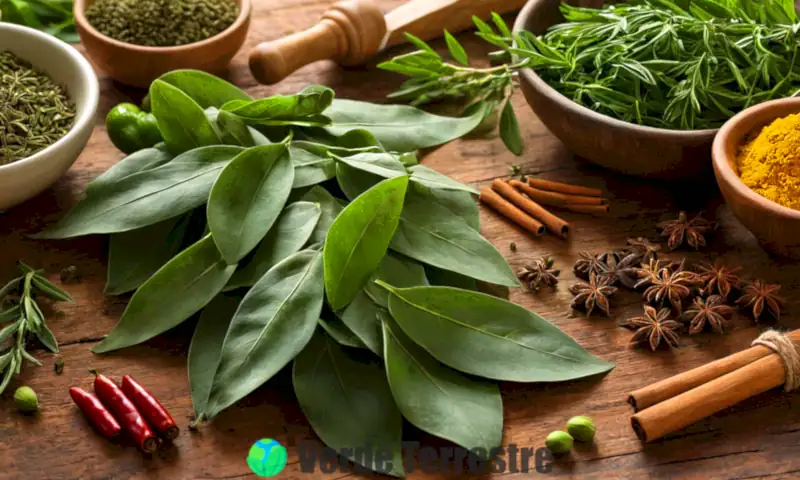 Hojas de laurel verdes acompañadas de hierbas y especias sobre una mesa rústica, con un fondo borroso de cocina y detalles informativos sobre su uso