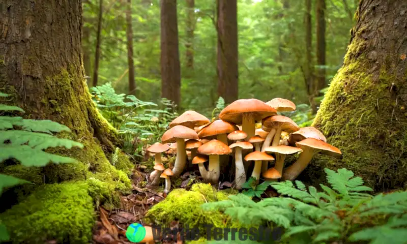 Ilustración realista de diez setas comestibles en un bosque, rodeadas de follaje verde y flores silvestres