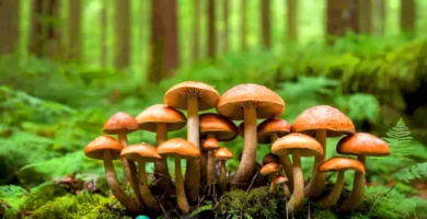Diez setas comestibles etiquetadas en un bosque vibrante