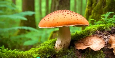 Ilustración educativa que compara un hongo colorido con un organismo texturizado sobre un tronco