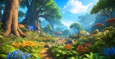 Bosque encantador lleno de vida silvestre y plantas diversas