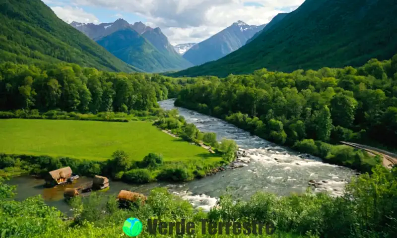 Personas interactuando con un vibrante ecosistema que muestra bosques, ríos y montañas, resaltando la interconexión entre humanos y naturaleza