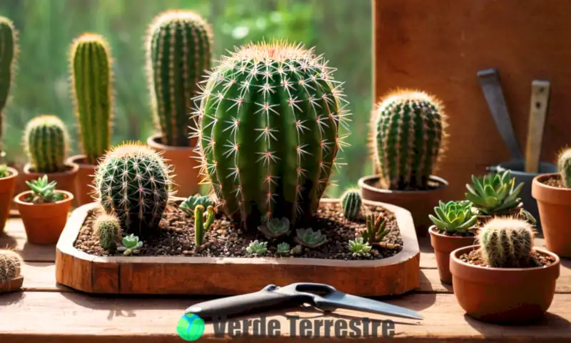 Ilustración detallada del proceso de injerto de cactus sobre una mesa de madera, rodeada de herramientas de jardinería y un jardín desenfocado de cacti y suculentas